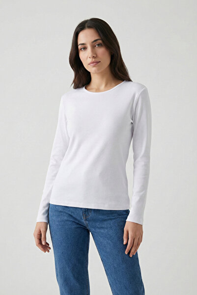 defys Kadın Fokus %100 Organik Pamuk Örme Regular Fit Basic Uzun Kollu Beyaz ...