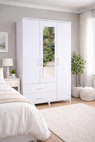 Ninna Kids Ninna Mobilya 3 Kapaklı Aynalı Raflı Çekmeceli Modern Dolap