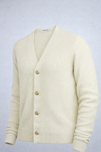 COMBİNE MİCHAİL Women's V-Neck Buttoned Loose Ecru Knit Sweater