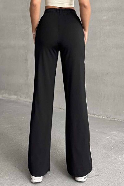 vynor atelier Pantaloni de sport pentru femei detaliu cu dungi talie înaltă cu picioare largi - Pantaloni stil retro evazat