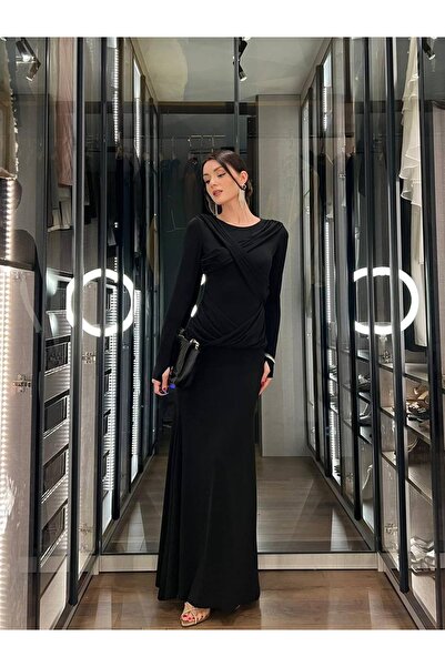 İZYA Women's Draped Long Sleeve Long Dress