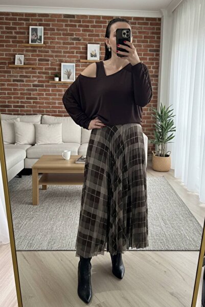 lady special Ekose Detaylı Pliseli İkili Elbise