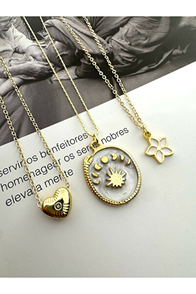 roshel مجموعة من 3 قلادات ذهبية اللون على شكل قلب حلزوني وشمس وزهرة اللوتس هد...