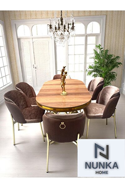 NUNKA HOME Arya Gold Line Serisi Cappuccino Renk +6 Sandalyeli Mdf Lak Panel ...