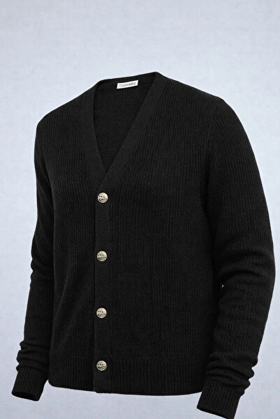 COMBİNE MİCHAİL Women's V-Neck Buttoned Loose Black Knit Sweater