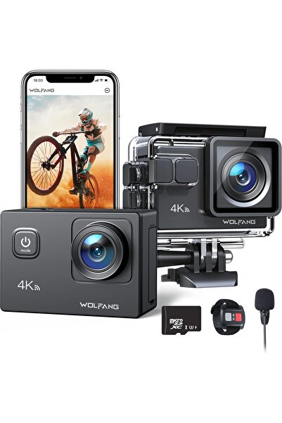 WOLFANG كاميرا الحركة GA100 مع بطاقة ذاكرة MicroSD سعة 64 جيجابايت، بدقة 4K ب...