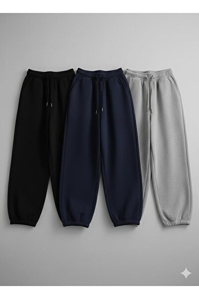 LOSMARY Üç adet gri lacivert siyah rahat kalıp lastik paça eşofman altı