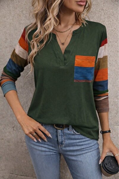 buğrahayalin Women's Long Sleeve V-Neck Multi-Colored Viscose Blouse with Poc...