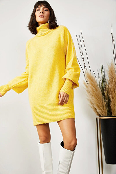 Olalook Women's Light Yellow Turtleneck Balloon Sleeve Loose Knit Dress Elb-1...