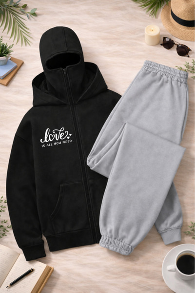 Pink Sky Unisex Basic Unprinted Hooded Sweatshirt & Jogger Tracksuit Set