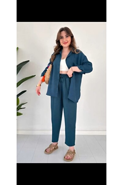 beşirebutik Linen Two-Piece Set Bottom and Top Set in Lilac and Petrol Colors