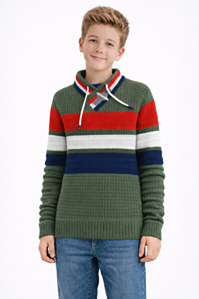 GENÇ 130-01-26 Boys' Knit Sweater V-Neck Khaki Striped Soft Textured Casual
