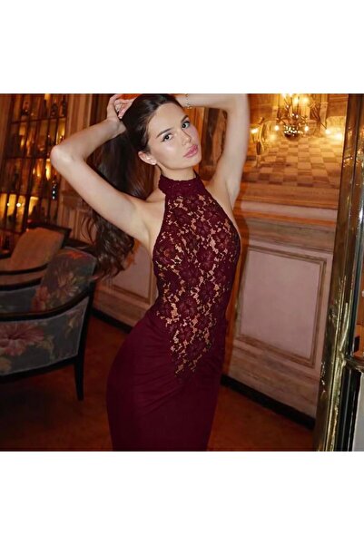 DESİGNEDBYD Halter Sırt Dekolteli Ten Rengi Astarlı Çiçek Dantelli Romantik J...