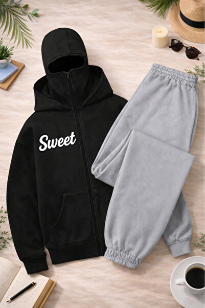 Pink Sky Unisex Basic Unprinted Hooded Sweatshirt & Jogger Tracksuit Set