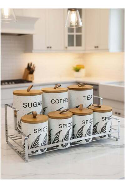 ALQANNAS 7Pcs Ceramic Jar Set with Bamboo Lids & Silver Metal Stand