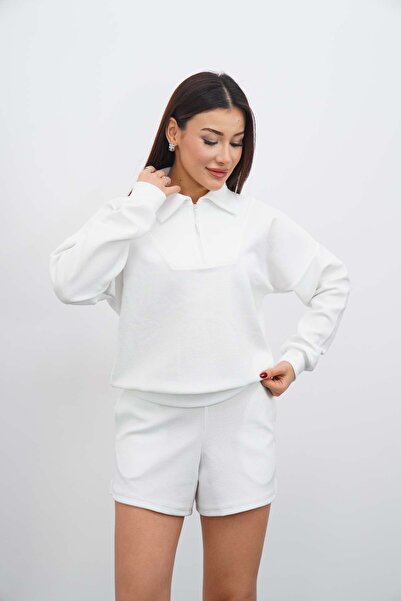 DI LORIA Set of 2 Women's White Oversized Zippered Sweatshirt Shorts