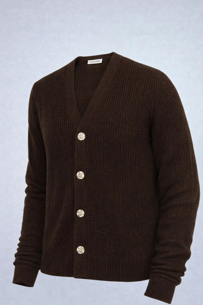 COMBİNE MİCHAİL Women's V-Neck Buttoned Loose Brown Knit Sweater