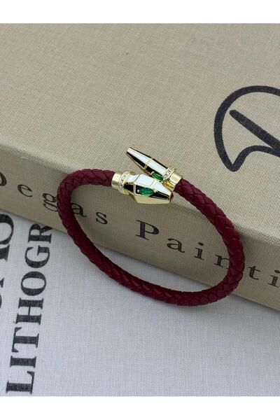 Hedef Bijuteri Gold Color Snake Detailed Green Zircon Stone Burgundy Rope Kni...