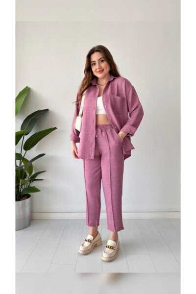 beşirebutik Linen Two-Piece Set Bottom and Top Set in Lilac and Petrol Colors