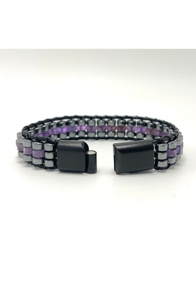 YILDIZ DOĞAL TAŞ Certified Amethyst Disc Model Natural Stone Men's Bracelet with Locking Closure