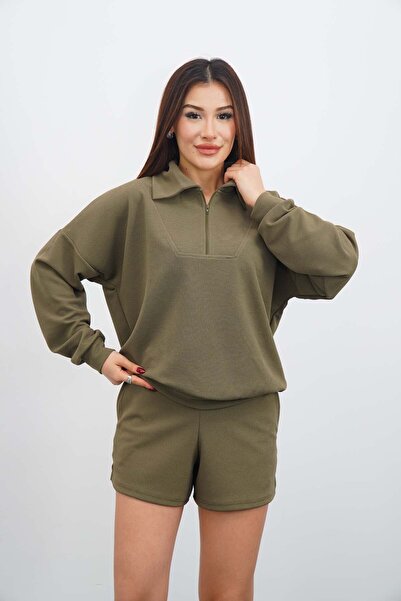 DI LORIA 2-Piece Set Women's Khaki Oversized Zippered Sweatshirt Shorts