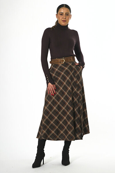 ABBRA Fusta cu fantă în carouri bumbac 100% pentru femei, cu centură