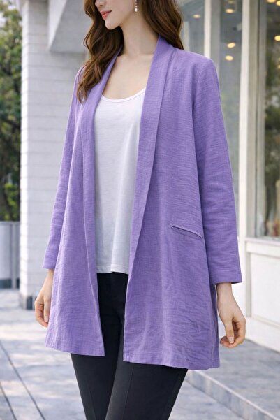 Livedanimel Kadın İkili Takım Düz Kollu Ceket VE Beyaz Askılı Tişört-lila