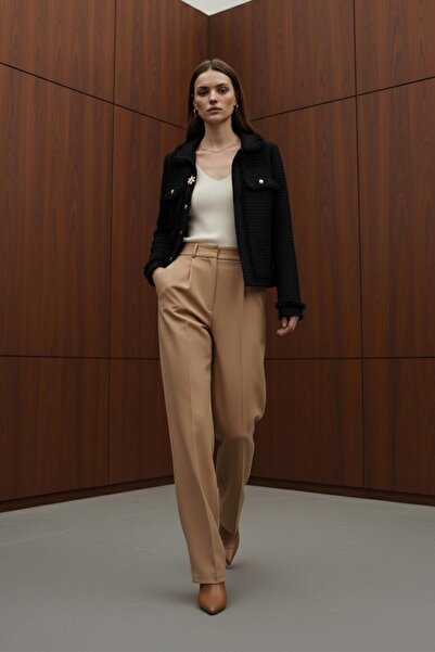 Soul Women's Gold Button Detailed Tweed Jacket-32440Ckt - Black