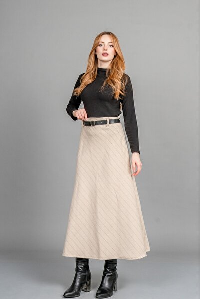 MissVina Premium Striped Skirt – Belt Detail, Straight Waist, Modern Cut 6853