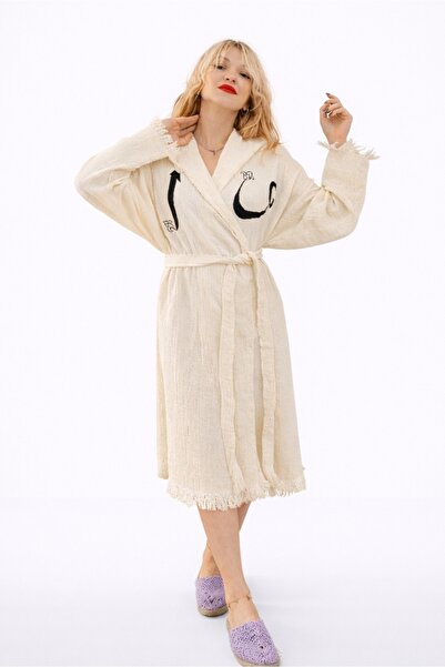 hat craft Kadın bornoz, müslin kumaş,Krem Kuşaklı Kimono Sabahlık– duş,deniz,...
