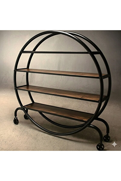 ÇengelköyDesign Elya Yuvarlak Tekerlekli Metal Ahşap Kitaplık | Salon Ofis İç...