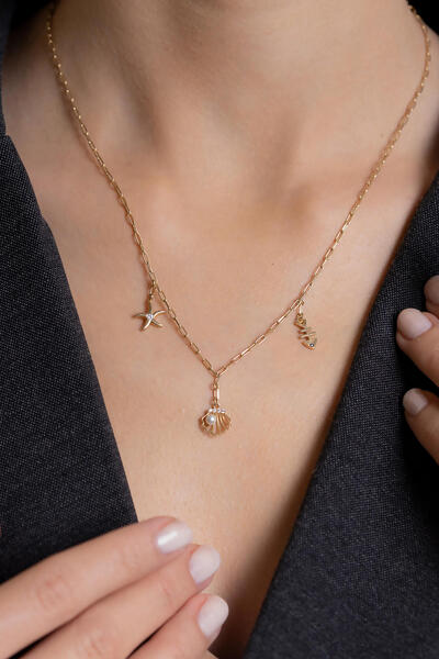 Bayar Gold 14 Ayar Altın İncili Deniz Kabuğu Kolye-TK