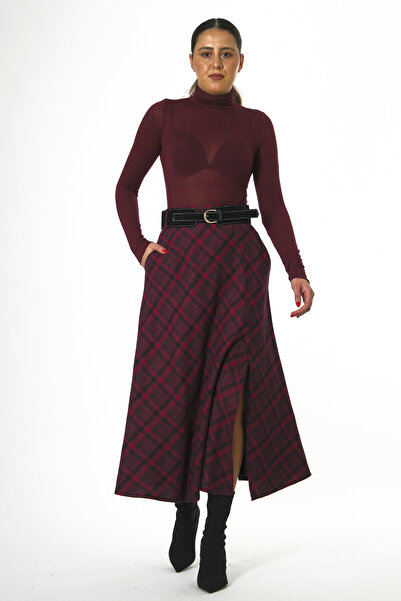 ABBRA Fusta cu fantă în carouri bumbac 100% pentru femei, cu centură