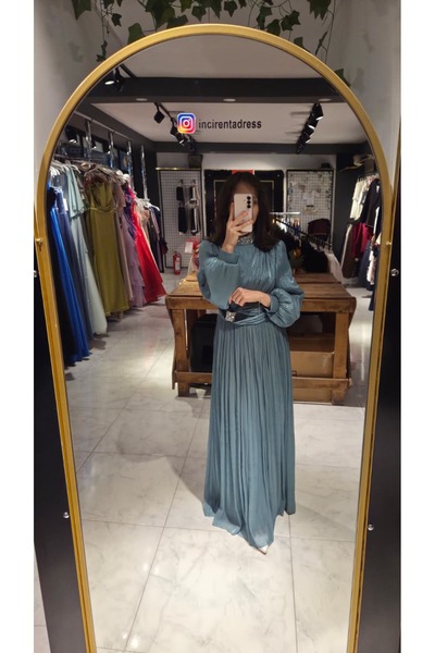 İnci Abiye Mint Yeşili Aksesuar Detaylı Tesettür Abiye