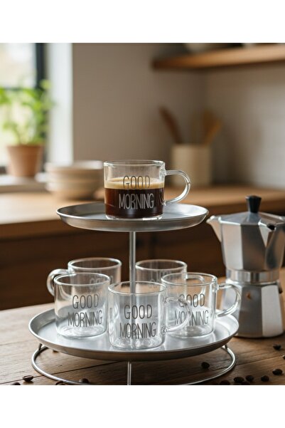 Eşya Dünyası Good Morning Printed Glass Coffee Cup Set – 6-Piece Heat-Resista...