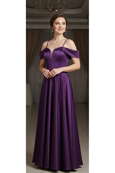 dml giyim Madonna yaka mürdüm rengi saten abiye