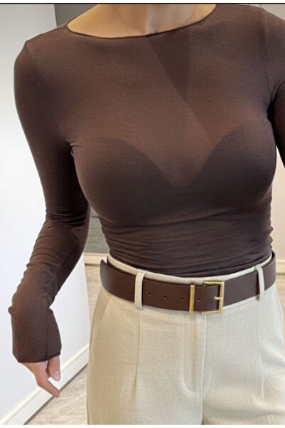 Linich&Co Boat Neck Long Sleeve Stretchy See-Through Blouse