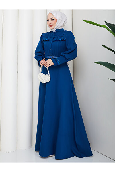 EFSUN MODA KADAN FIRFIR DETAYLI DERİ KEMERLİ TESETTÜR ELBİSE