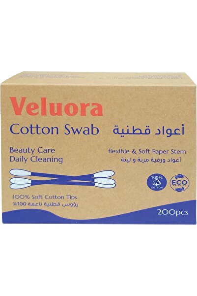 Veluora أعواد قطنية، 200 قطعة، قطن نقي 100% مع عصا ورقية