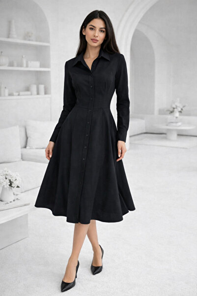 Rich Γυναικείο μαύρο πουκάμισο φόρεμα με μέση στη μέση