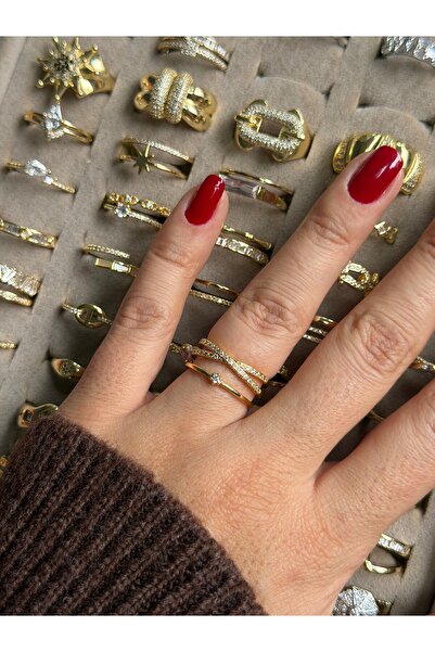 DGK COLLECTİON 14K gold renk,altın kaplama tek taş detaylı zarif yüzük