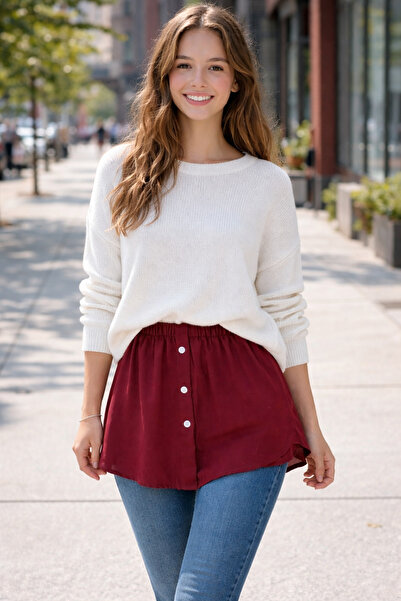 ELMODA Women's Burgundy Elastic Waist Hijab Skirt with Shirt-Like Look