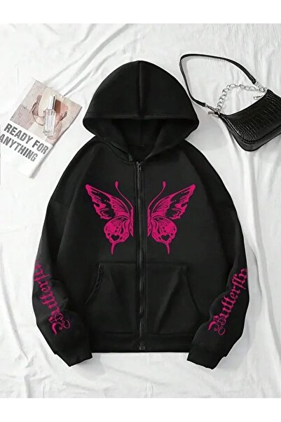 FULL TOLERANCE Butterfly Detailed Zippered Winter Cardigan - Black Printed Ov...