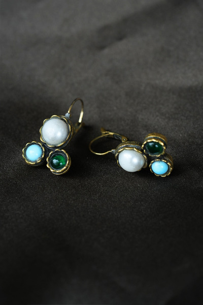 Luna Antique Bronze Earrings with Real Pearl, Turquoise and Glass Detail