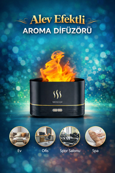 Weskam Alev Efektli Hava Nemlendirici ve Aroma Difüzör Sessiz Çalışma, LED Iş...