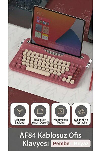 Coverzone Retro Daktilo Klavye Bluetooth & 2.4G, Standlı, Yuvarlak Tuşlu, Ergonomik, Sessiz AJAZZ AF84