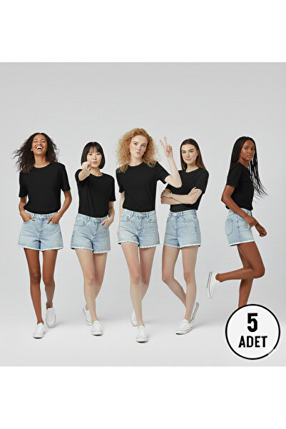 jeneric Women's Black 5 Pieces 100% Organic Cotton Crew Neck Loose Fit Short ...