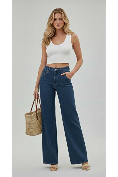 NWC جينز نسائي فضفاض ذو خصر عالٍ جدًا باللون الأزرق الداكن قماش قابل للتمدد ب...