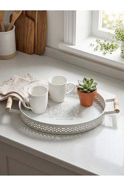 linmetal Tahta Kulplu Kaktüs Baskılı Oval Desenli Tepsi 27x37cm (Kaktüs Baskılı)