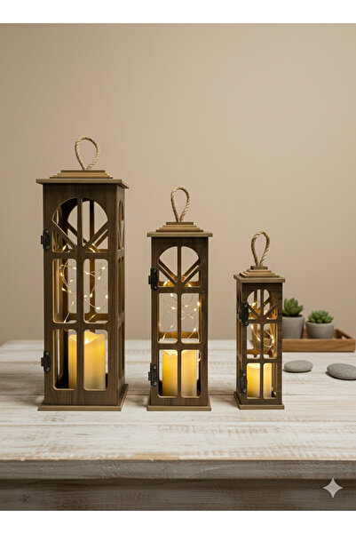 Liya Bella 3’lü Dekoratif Ahşap Fener Seti | Mumluk Fener Ev & Balkon Dekoras...